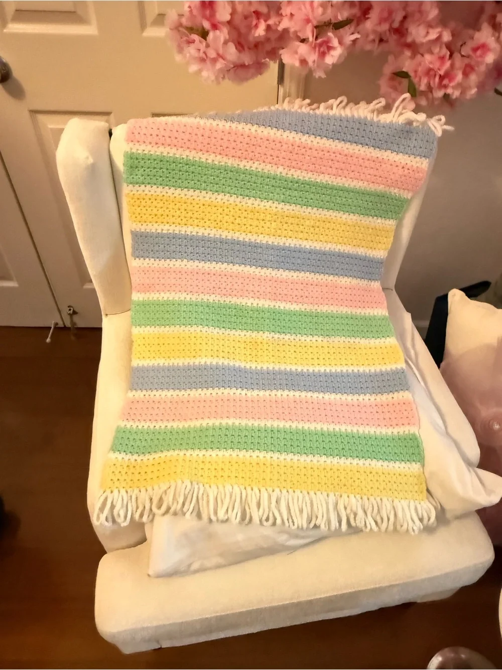 Handmade Cotton Crochet Afghan Lullaby Baby Blanket NWOT. Pastel Colors